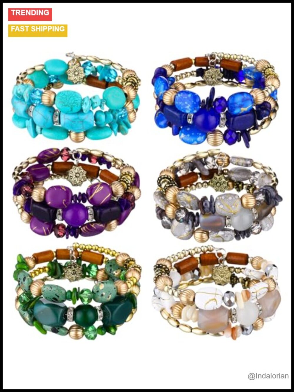 Boho Agate Turquoise Beaded Charm Bracelet Set Stackable Yoga Jewelry